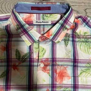 Tommy Bahama Shirt Mens Vedado Plaid Pastel Floral Button Up Sz XL